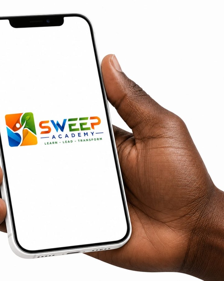 A hand holding a phone displaying the SWEEP Academy app